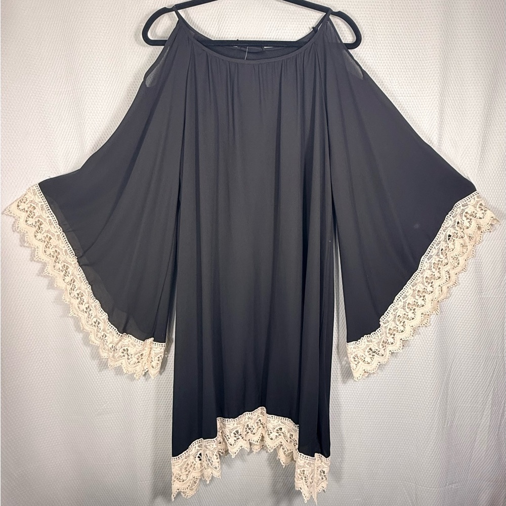 Peach Love Black Cold Shoulder Dress with Lace Trim